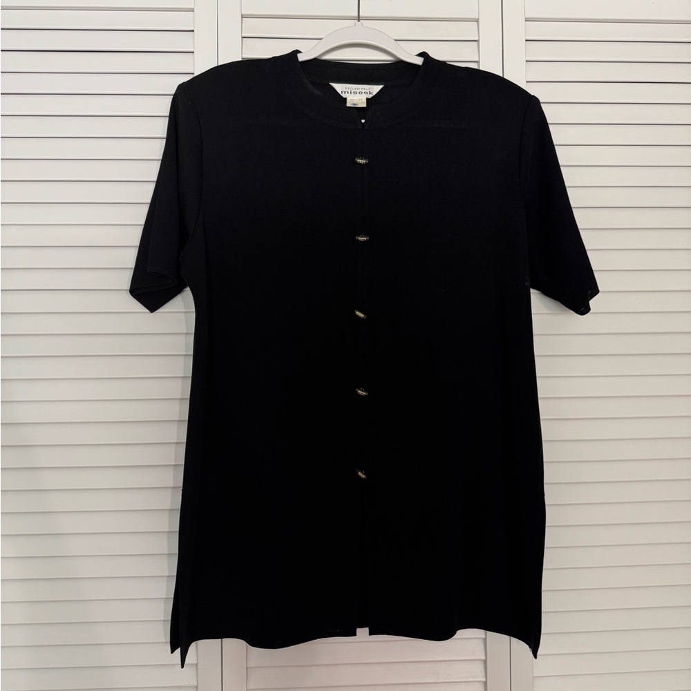 Misook Black Knit Tunic Top Button Front Short Sleeve Sz XL